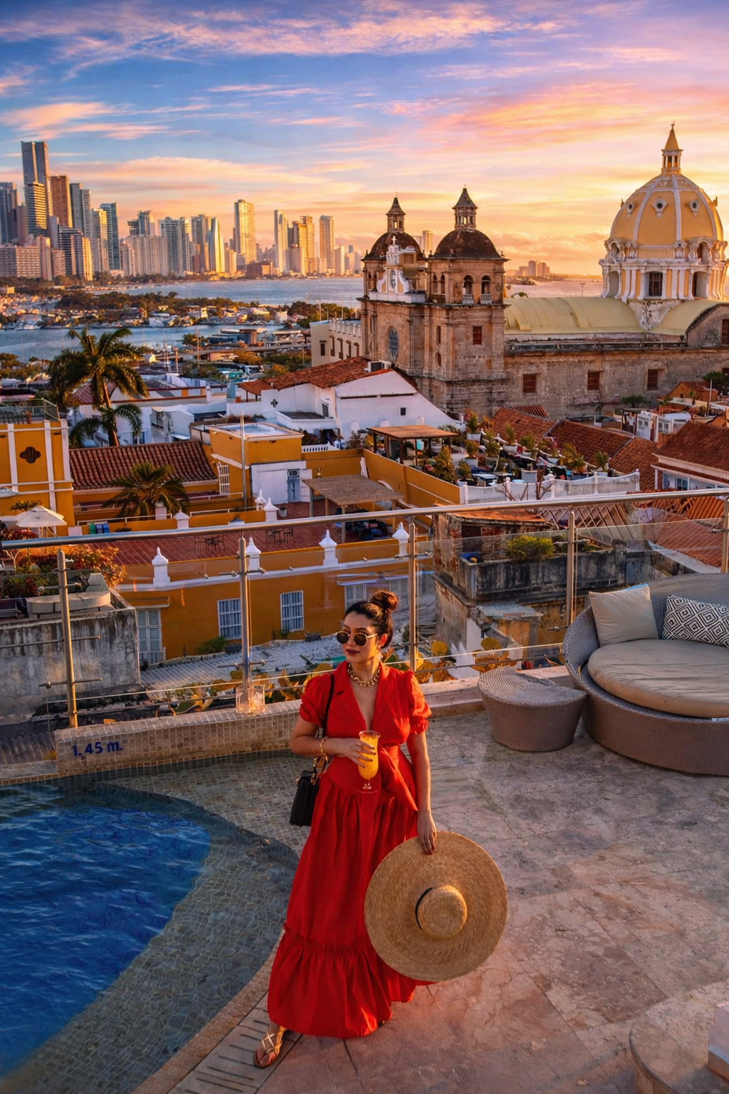 Palenqueras con trajes tradicionales y frutas tipicas en el centro historico de Cartagena